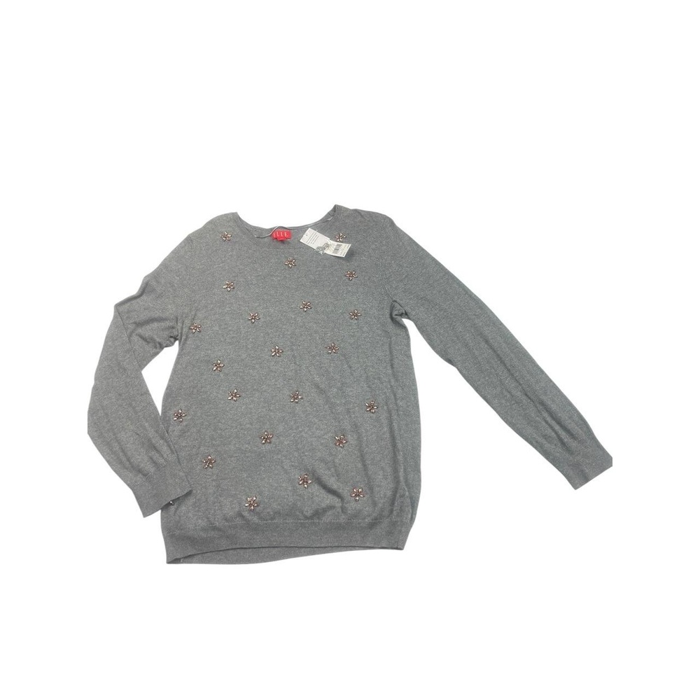 ELLE Pullover Sweater Size L Gray Embellished Gemstone Appliques Chic Glamorous